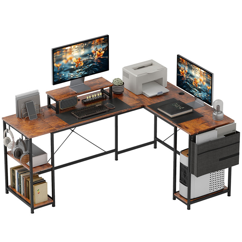 Industrial Large Adjustable L Shaped Computer Desk Storage Shelves Rustic, Brown/Black