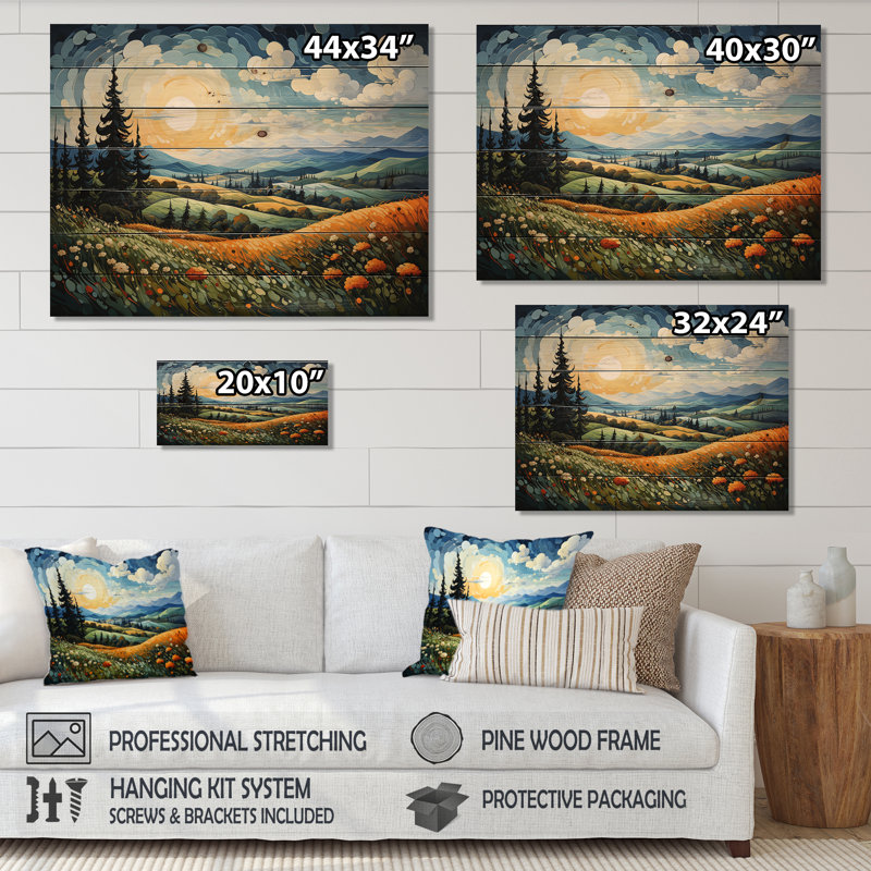 Clair de lune se balançant, pointillisme cyprès I - Vangogh, paysage, art mural en bois sur bois de pin naturel