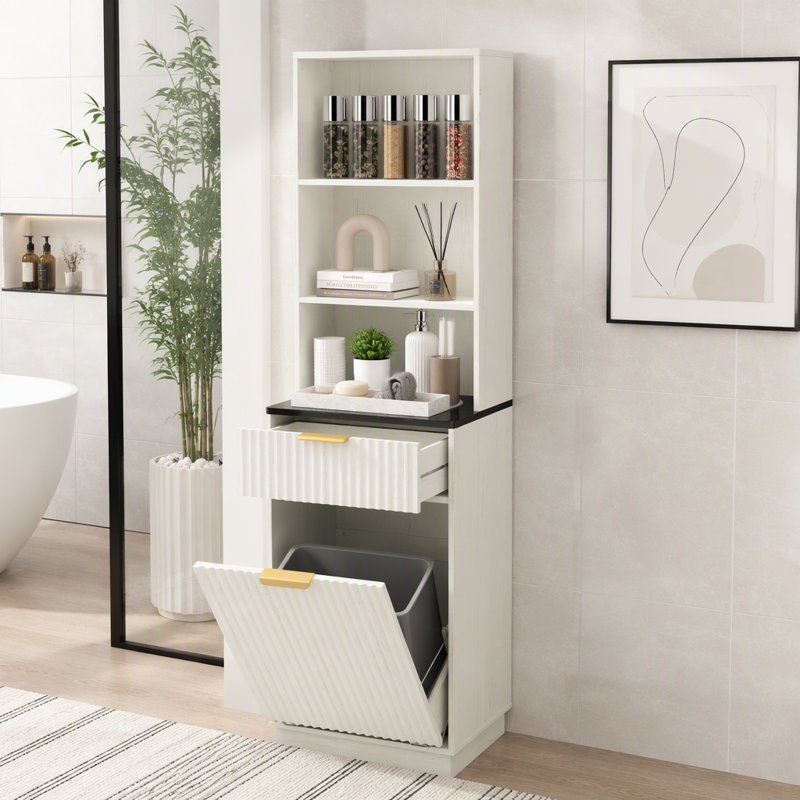 Armoire de rangement haute et étroite à rainures avec compartiment à ordures dissimulé, Blanc antique, noir