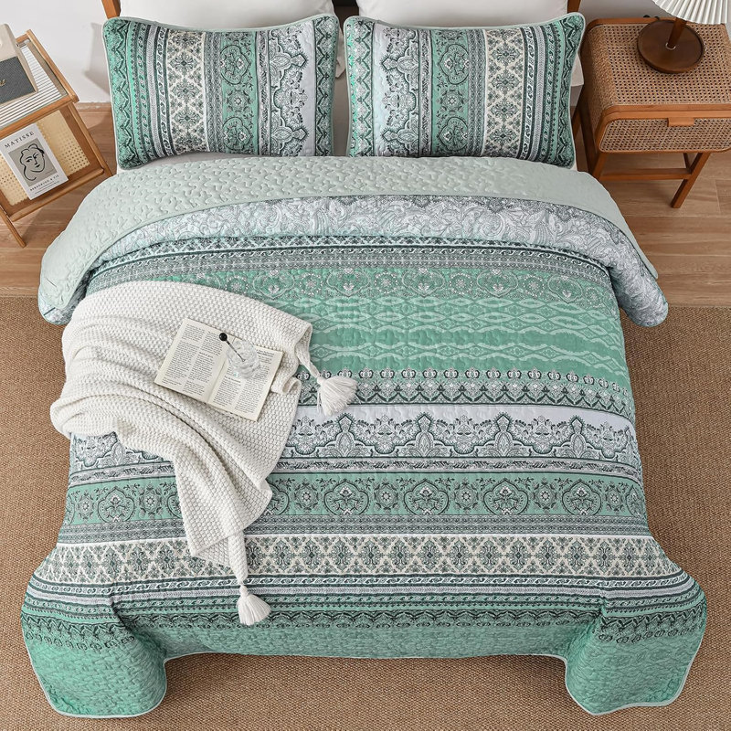 Ensemble de courtepointe Boho, couvre-lit 3 pièces en microfibre légère à rayures