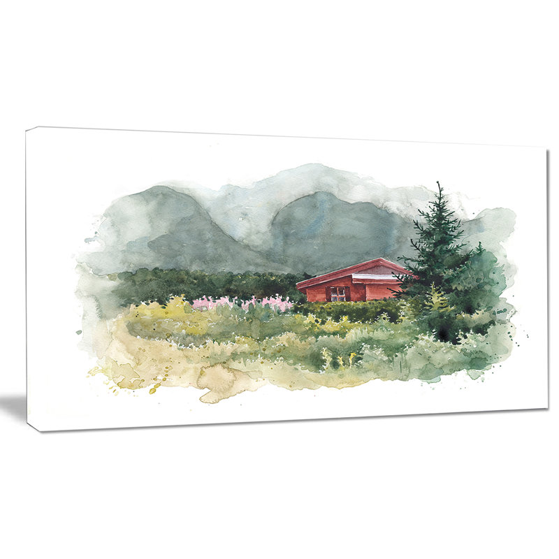 «Watercolor House in Mountains», reproduction d'art sur toile tendue, H 8 po x l 12 po x P 1 po