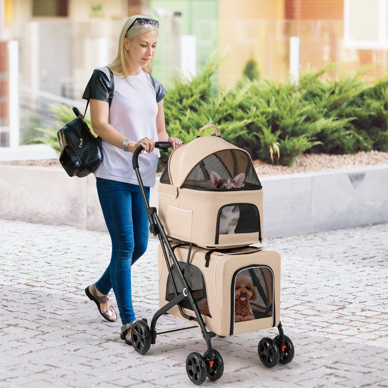 Double Pet Stroller for 2 Dogs or Cats w/ 2 Detachable Carriers Safety Belt, Beige