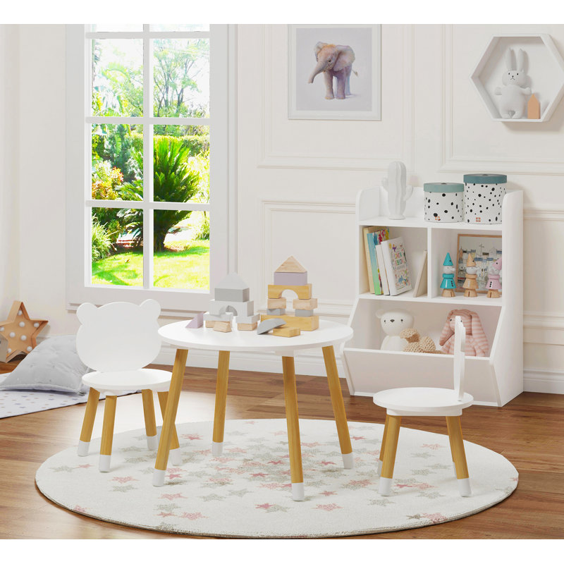 White Wooden Kids Round Table with Bear Chairs, 3-Piece Set