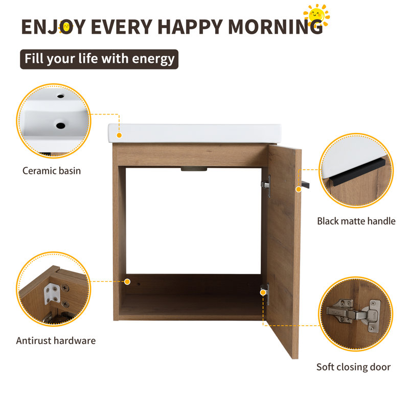 18 Inch Bathroom Vanity with Sink, Single Sink Wall-Mounted Bathroom Vanity with Soft Close Door
