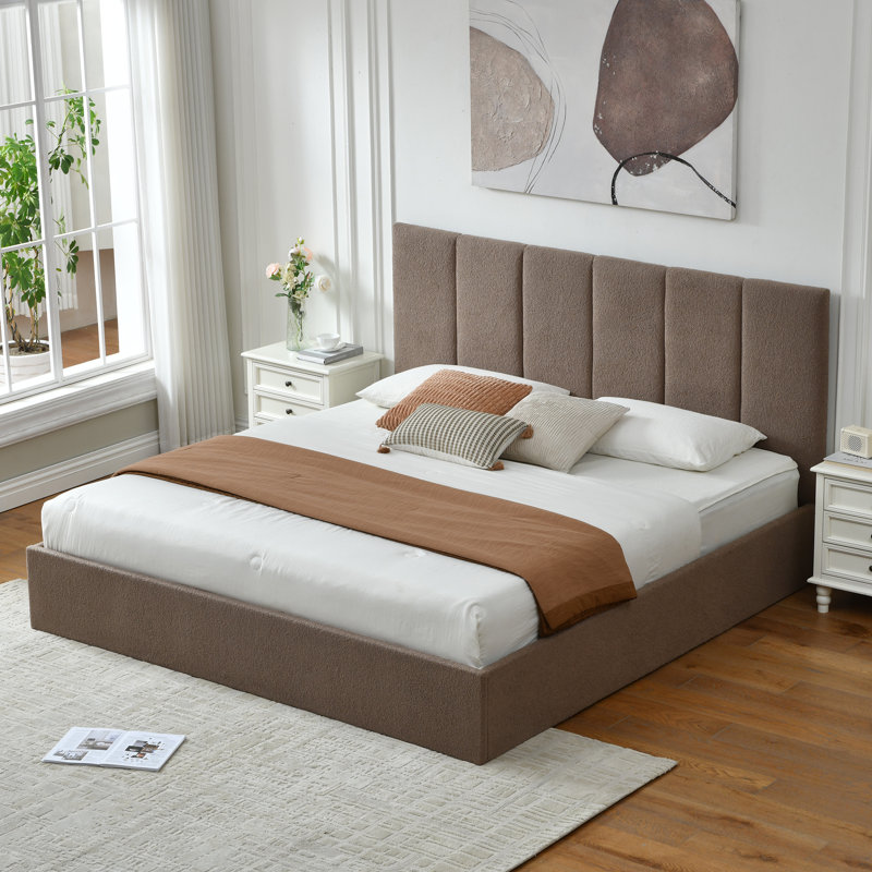 Juanetta Boucle Lift Up Storage Upholstered Platform Bed, King, Brown Boucle