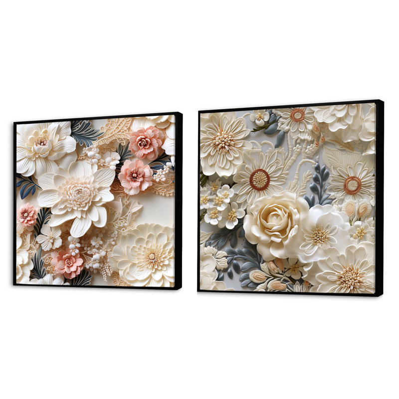 Ensemble de 2 collages floraux blancs rétro, Cadre flottant noir, H 16 po x l 33 po
