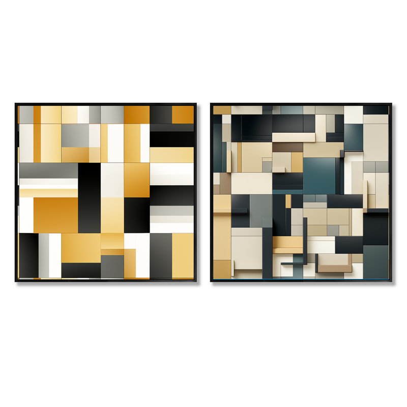 Ensemble de 2 blocs géométriques taupe à motif géométrique Harmony, Cadre flottant noir, H 16 po x l 33 po