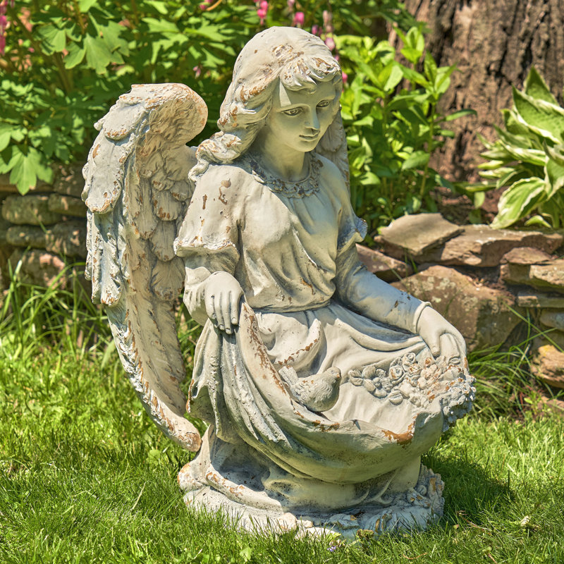 Statue de jardin ange assis enfant magnésium, Antiqque gris