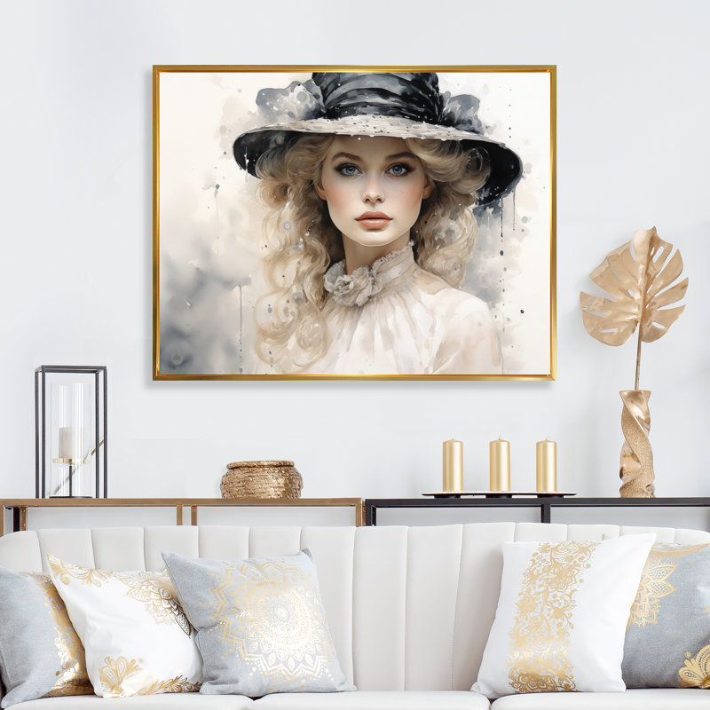 «Fashion Woman with Hat Timeless Beauty I», reproduction d'art sur toile, H 16 po x l 32 po x P 1 po, Cadre flottant doré