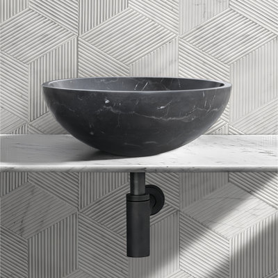 Lavabo rond de luxe en marbre gris foncé, 40 cm (15,8 po), fini mat, usage spa, à poser sur comptoir.