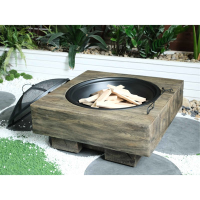 Outdoor Fire Pit With Elegant Wood Grain Appearance In Antique Dark Grey - 27.65in Depth, 24.66in Width, 17.8in Height, 14.78lb, Magnesium Oxide Traditional 14.78lb Weight, Oxide,