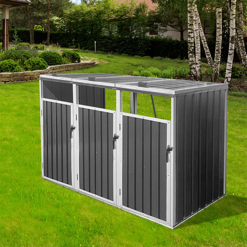 Garbage Bin Shed Stores 3 Trash Cans Metal Outdoor Bin Shed For Garbage Storage,White+Grey, White/Gray