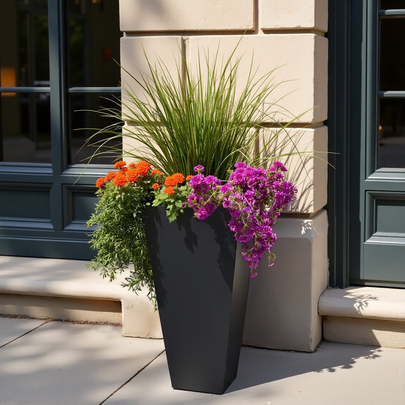 Tall Planter with Drainage Holes, Frostproof Outdoor Plant Pot, Concrete Effect Tall Tapered Planter, Black