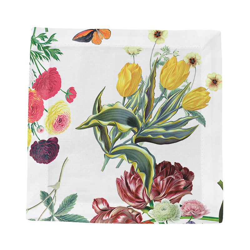Flora Fauna White Cotton Sateen Cocktail Napkins, White