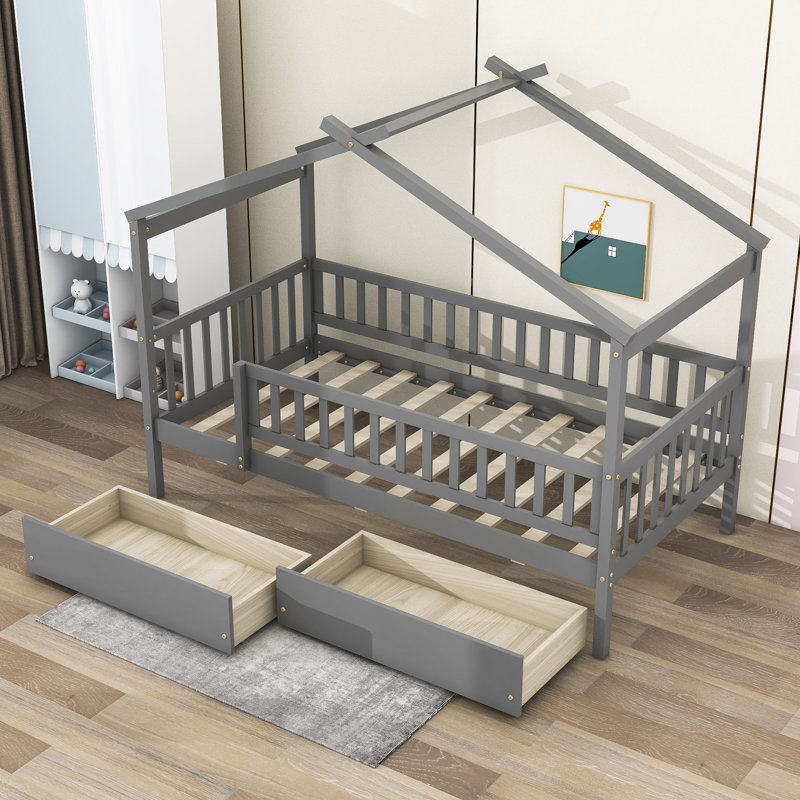 Lit maison 2 tiroirs, Simple, gris