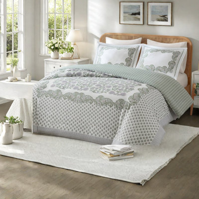 Ensemble de literie pour très grand lit vert, mélange de coton, chambre à coucher à motif floral rétro