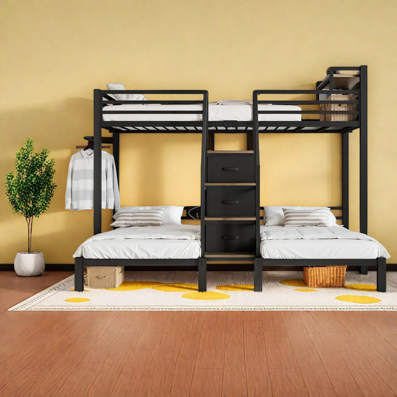 Lits triples avec rangement, lits jumeaux superposés en métal, style moderne, Noir
