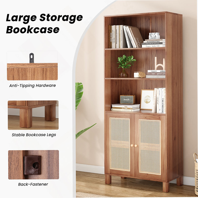 Tall Bookcase With Rattan Doors, Bookcase With Storage Shelves For Library Living Room Bedroom Home Office, Natural