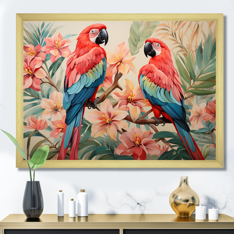 Fleurs tropicales roses et bleues - art mural perroquet, Cadre doré à coins fermés, H 12 po x l 20 po x P 1 po
