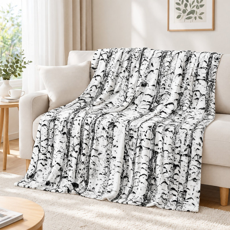 Plaid en flanelle à motif bouleau - Motif nature, noir et blanc, ultra doux, léger, respirant, toutes saisons, agréable au toucher, décoratif, pour canapé, fauteuil, salon ou chambre