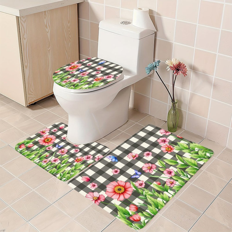 Ensemble de 3 tapis de salle de bain rose à motif floral et vichy, Pink Gingham