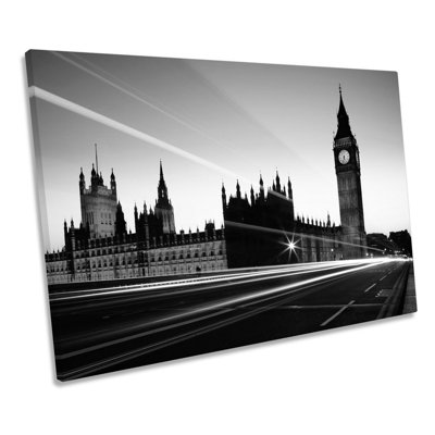 London City Night Big Ben Landmark B&W - Wrapped Canvas Print