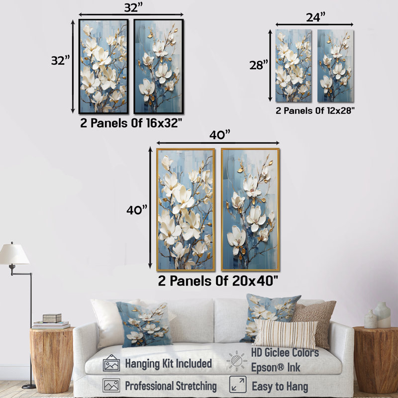 Elegant blanc et bleu Magnolias Serenity - ensemble de 2 impressions sur toile Magnolias, Toile tendue, H 28 po x l 25 po