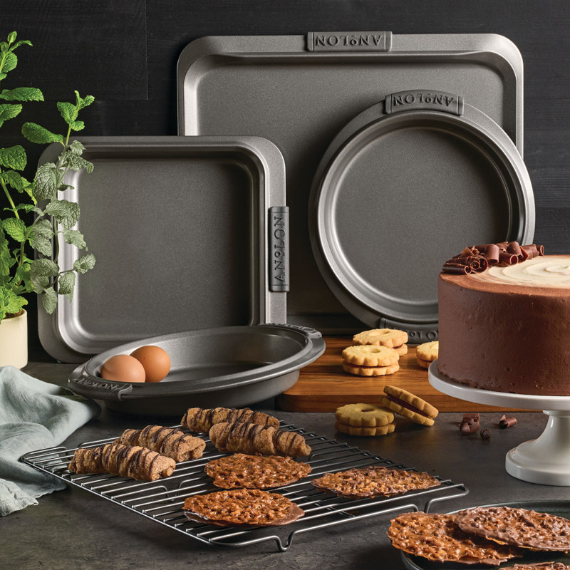 Anolon Advanced Nonstick Bakeware / Baking Set with Silicone Grips, Gray, 5-Piece Set (3 Cake Pans, 1 Cookie Sheet, 1 Rack)