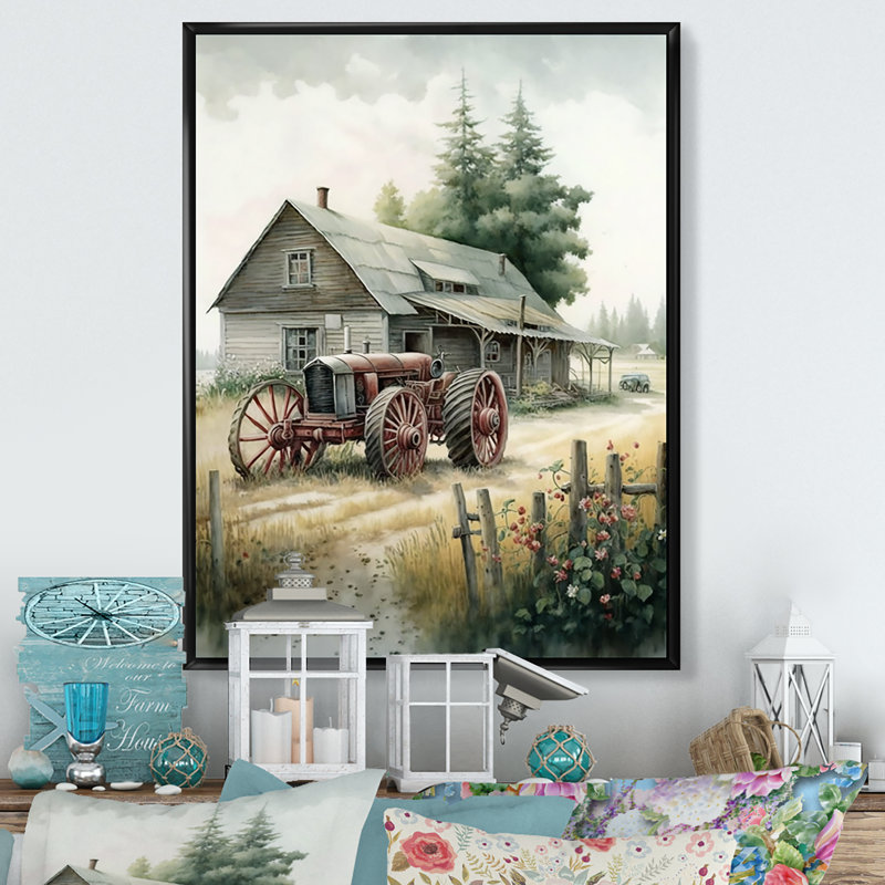 «Tractor at the Barn in Summer II», peinture sur toile, H 32 po x l 24 po x P 1 po, Toile avec cadre flottant noir