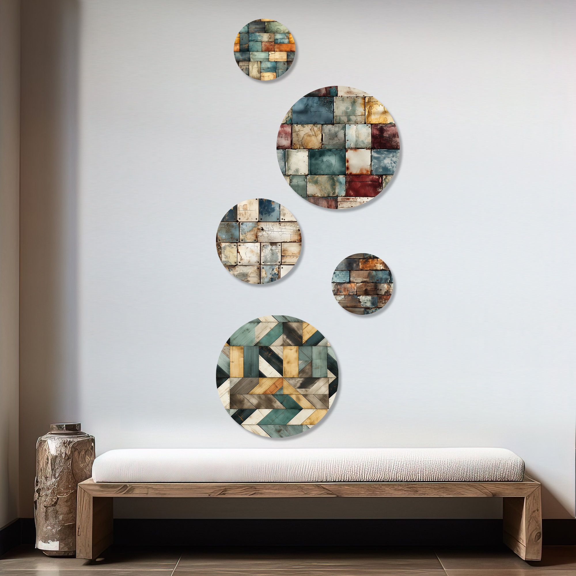 George Oliver Yellow And Blue Rustic Farmhouse Cubic Planks - Abstract Vintage Round Wall Art ...