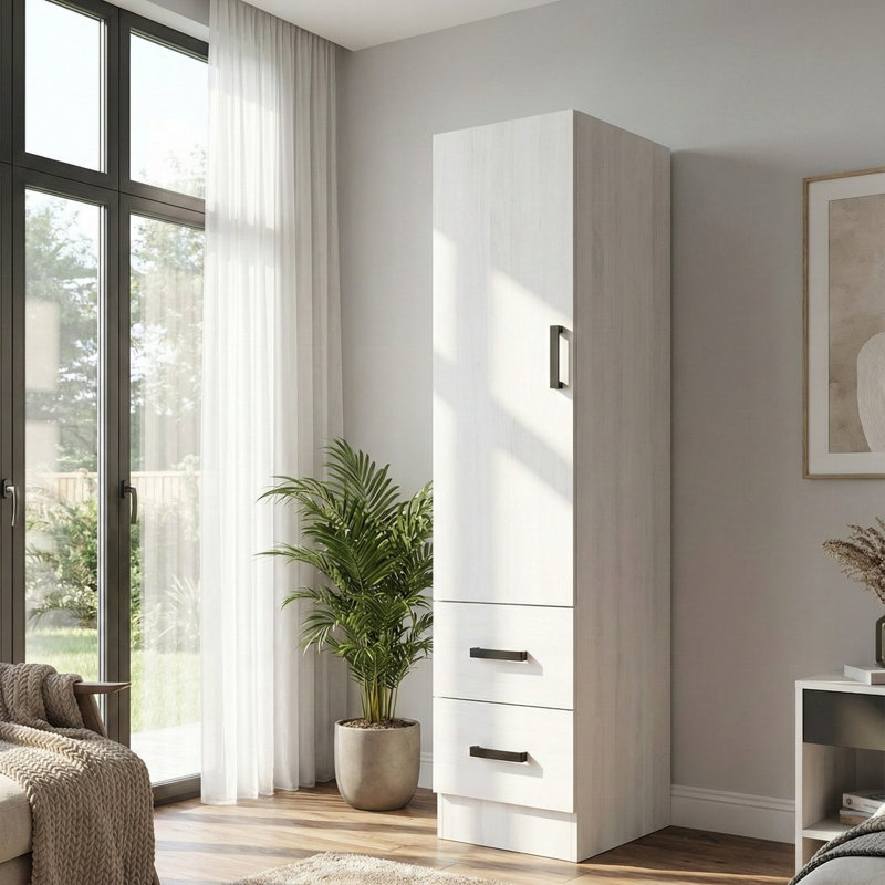  Armoire garde-robe avec 2 tiroirs et une porte pouvant s'ouvrir de la gauche ou de la droite., Blanc