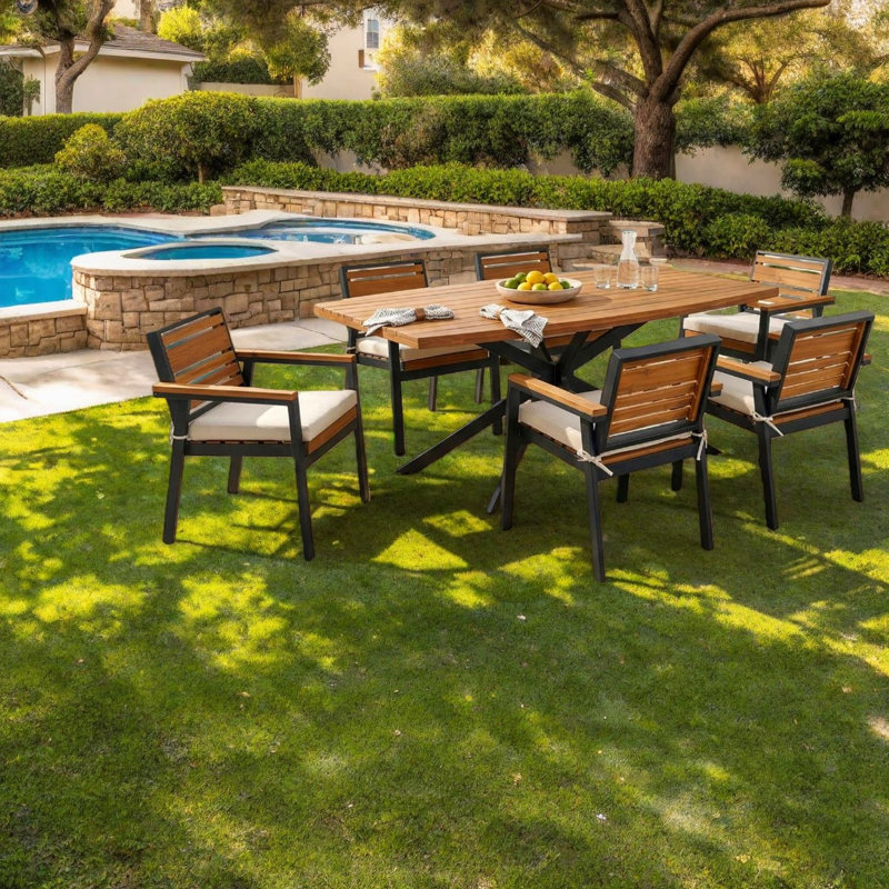 Ensembles de salle à manger de patio moderne, 7 pièces en métal acacia