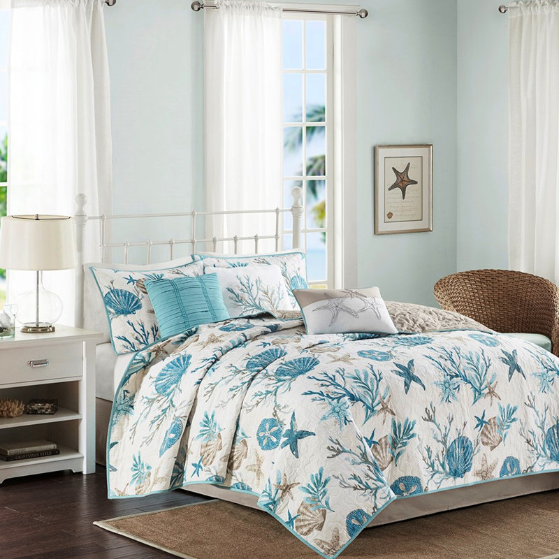 Courtepointe en coton 6 pièces pour très grand lit / très grand lit, King Quilt + 5 Additional Pieces, Turquoise