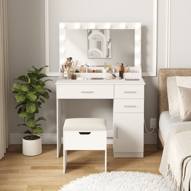 Coiffeuse avec grand miroir et lumières, couleur / luminosité réglable, 2 prises de courant / 2 ports USB, bureau de maquillage blanc avec tabouret de rangement, 3 tiroirs, 1 armoire, 3 espaces de rangement ouverts