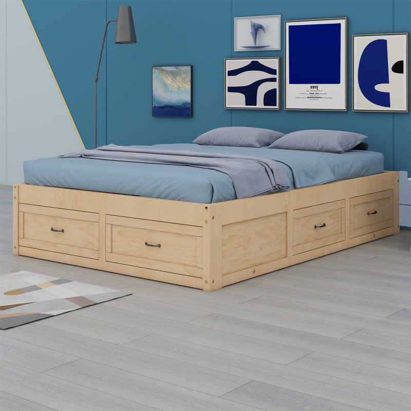 Lit plateforme avec tiroirs de rangement, Naturel antique, Double