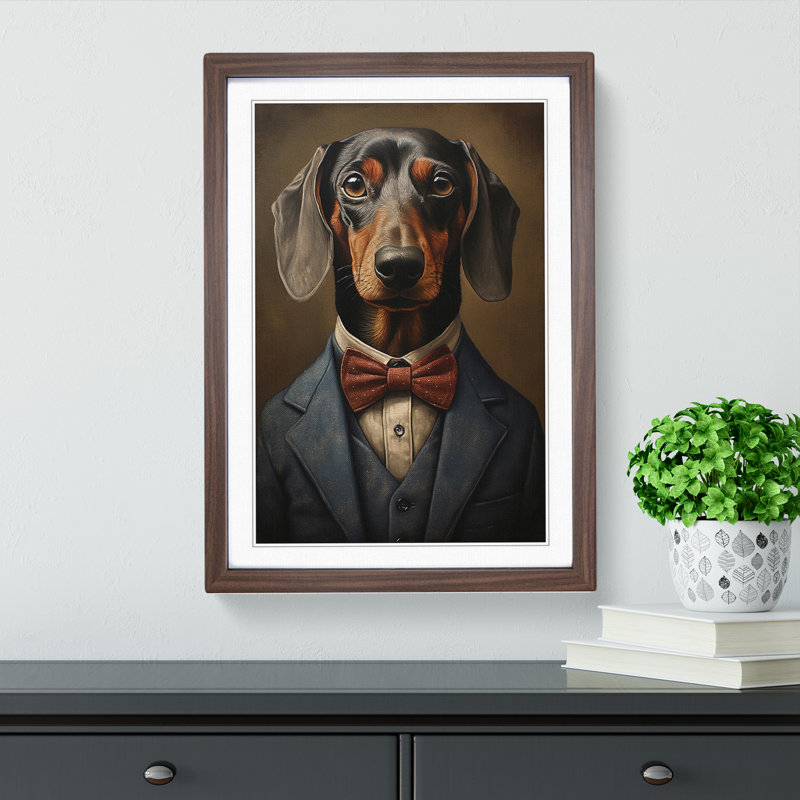 Dachshund In A Suit Painting No.2 - Single Picture Frame Print on Wood, 46cm H x 34cm W, Walnut Framed