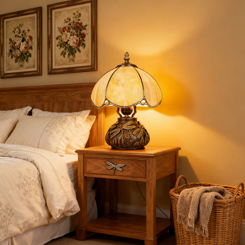 11 Inch H Tiffany Style Table Lamp, Petal Pattern Stained Glass Lamp Shades, Decoration Desk Lamp With Bulb