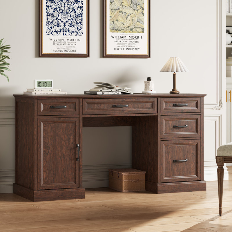 Hava 58" W Farmhouse Office Writing Desk With Drawer,Executive Desk,File Cabinet, Brown
