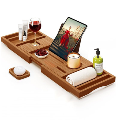 Plateau de baignoire pliable de qualité supérieure - plateau de bain en bois pour baignoire, tablette en bambou, plateaux de table de bain extensibles, accessoires de baignoire et de salle de bain pour la nouvelle maison et les mères, cadeaux d'anniversaire pour maman