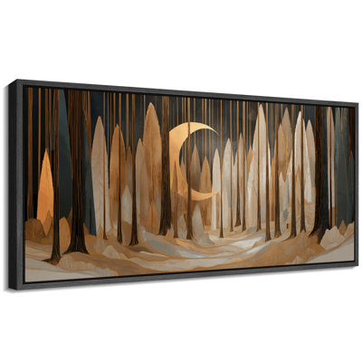 Art déco, croissant de lune doré, forêt, très grand, reproduction d'art sur toile encadrée