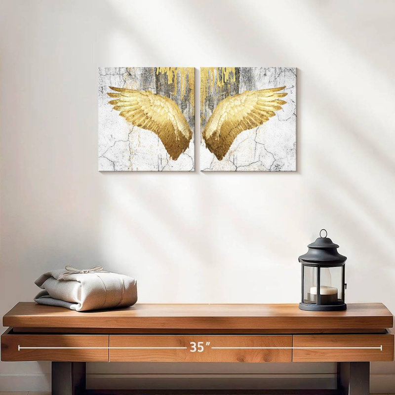«Decor Elements Dripping Gold Gold Wings on Canvas», reproduction de 2 pièces, H 10 po x l 21 po x P 1 po
