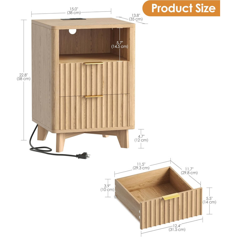 Fluted Nightstand With Charging Station And LED Light In Natural Oak