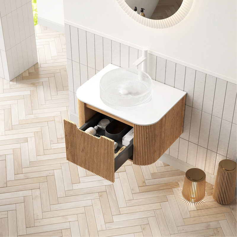 Meuble-lavabo 24 po avec lavabo, meuble de rangement mural rayé à bords arrondis avec tiroir, lavabo en verre rond transparent et comptoir, grain de bois naturel pré-assemblé
