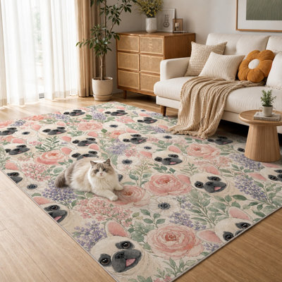 1Pcs French Bulldog floral design rug - artistic watercolor print, soft and durable, large thin, non-slip backing, suitable for living room, bedroom, kitchen, office indoor use for home detor