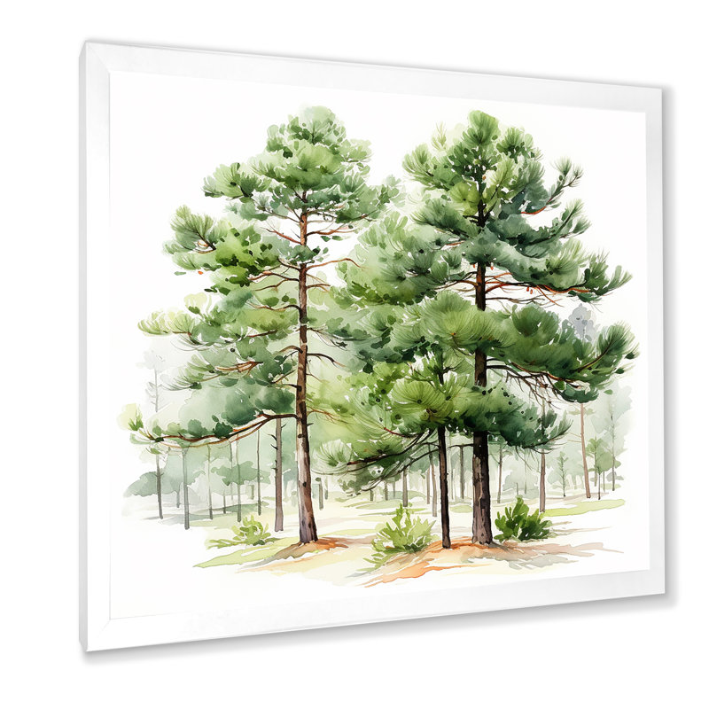 Aquarelle, pin vert, forêt, art mural, H 36 po x l 36 po, Blanc