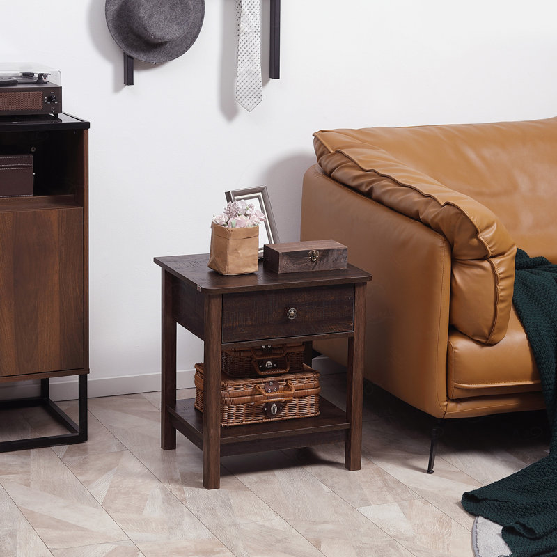 End Table with Drawer, Side Table with Top and Bottom Shelf for Small Spaces