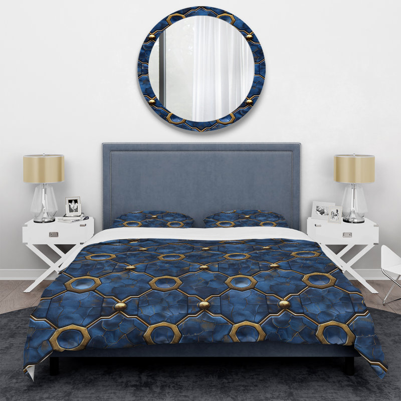 Ensemble de housse de couette moderne Blue Gold Octagon III, Housse de couette très grand et 2 très grandes t