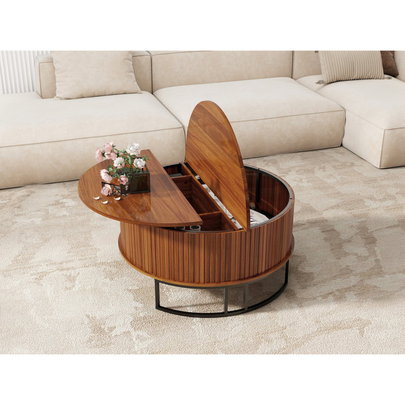 Table basse 31,5 "avec rangement surélevé - Table basse moderne en noyer cannelé de style Mid-Century pour petits salons