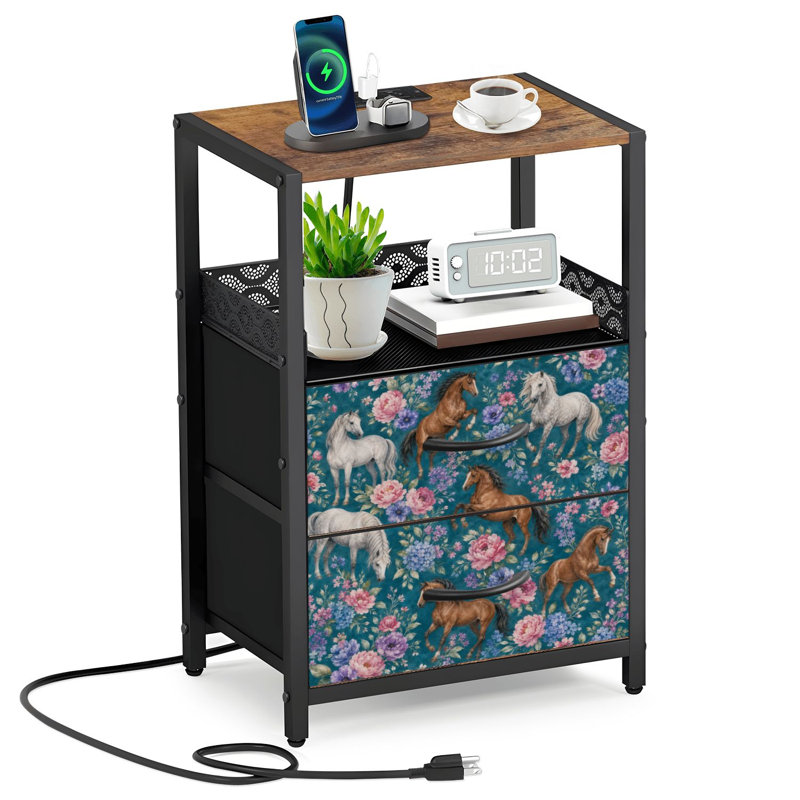 Table de chevet 2 tiroirs en tissu avec station de charge