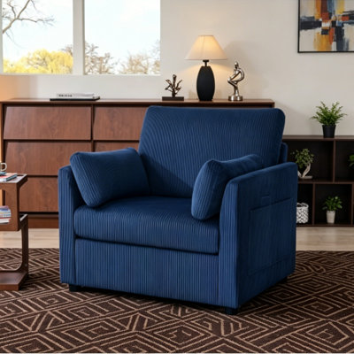 Chaise d'appoint 37,75 po en velours côtelé bleu, poches latérales et 2 coussins, sans assemblage